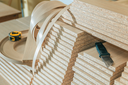 board chipboard cut parts for furniture production close-upの写真素材