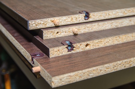 board chipboard cut parts for furniture production close-upの写真素材