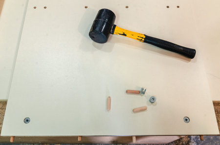 Furniture fittings, wooden dowels for joining furniture elements from chipboard, close-up
