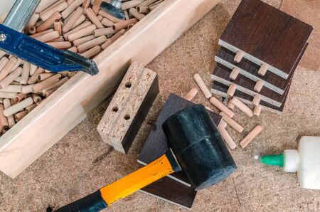 Carpentry workshop, work processes, tools and workpiecesの写真素材
