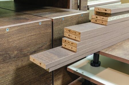 board chipboard cut parts for furniture production close-upの写真素材