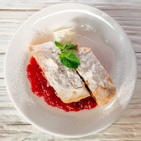 Hot fruit strudel with apples and cherries in cranberry sauce with spices and a slice of butter