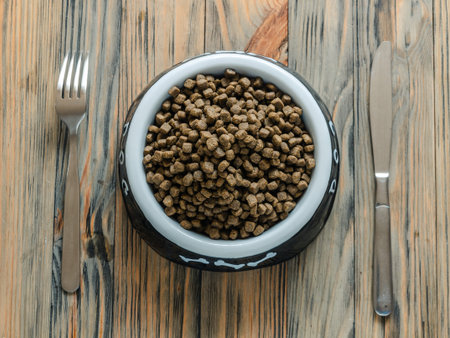 Full bowl of dog food close up on wooden background