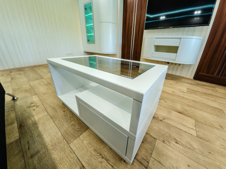 Modern furniture in a minimalist design executed in white color in a home interior.の写真素材