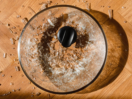 Broken frying pan lid falling to the floor, close-up