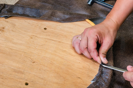 manufacture of upholstered furniture, upholstery of a furniture element with a pneumatic stapler,...