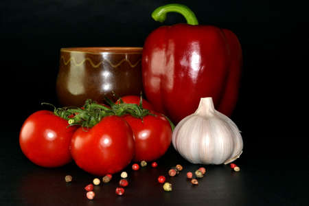 Studio photo branch of cherry tomatoes, red paprika, garlic and spice on a black backgroundの写真素材
