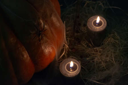 The studio photo of burning candles. Pumpkin with spider and cobwebs on a black background. Halloween conceptual photo.の写真素材