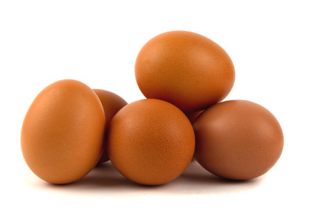 Raw brown chicken eggs isolated on white backgroundの写真素材