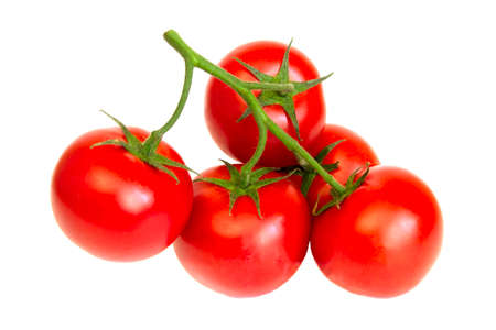 Bunch of fresh, red tomatoes with green stems isolated on white background. clipping path.の写真素材