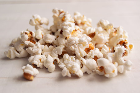 Close up of heap popcorn on a white background. Concept of yummy food.の写真素材