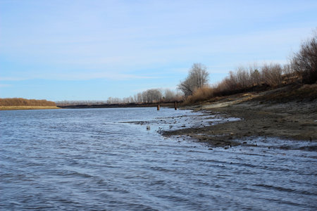 river bank against the blue sky in autumn