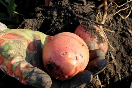 hand picking red potatoes illuminated by sunlightの写真素材