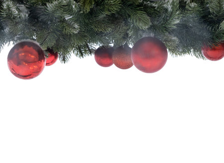 Red Christmas tree balls for Christmas. New Years decorations hanging on the branches of the spruce at the top.の写真素材
