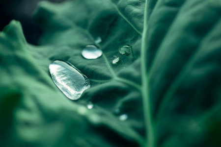 A green cabbage leaf in beautiful relief with a large dew drop on it. Close-upの写真素材