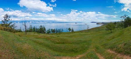 Northwest shore of island Olkhon on lake Baikal. A panorama of Small Sea from village Harantsyの写真素材