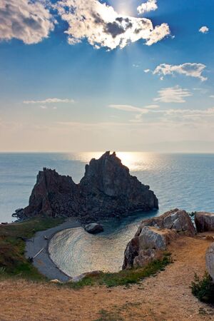 Rock Shamanka at headland Burhan on island Olkhon, lake Bajkal, photographed in clear solar weather.の写真素材