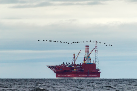 Buoyant offshore oil production platform on a marine shelfのeditorial素材
