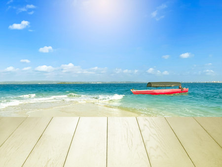 Summer landscape, nature of tropical beach with wooden platform, sunlight. Golden sand beach, sea...