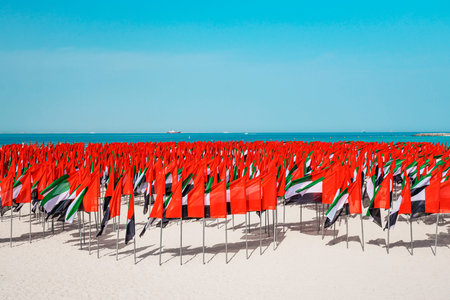 National day celebration with flags around city in Dubai, UAE..