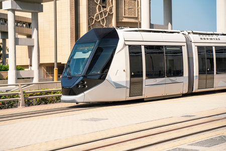 Modern New tram in Dubai, UAE. side view.