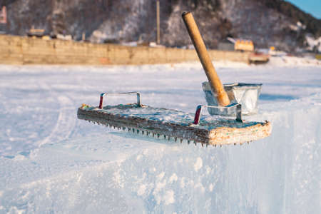Handmade instrument for making ice sculpture on Lake Baikal.の写真素材