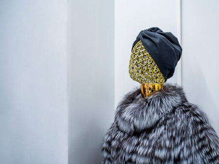 Female mannequin in a soft fur coat and a turban in an outerwear store.