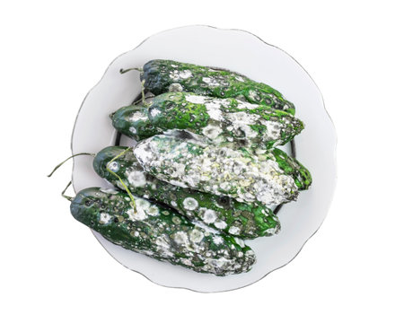 Spoiled cucumbers on a plate, covered with mold, isolated on a white background.の写真素材