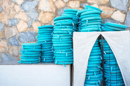 seat cushions stacked for summer resort events.の写真素材