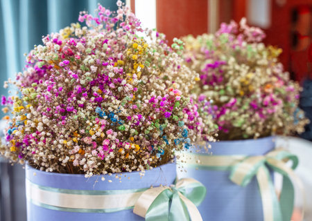 Rainbow gypsophila, different color. Beautiful bouquet of mixed flowers in a box. flower shop.