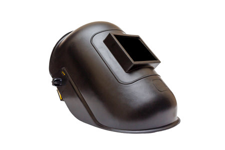 Black plastic protective welding mask helmet on white backgroundの写真素材