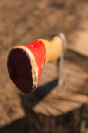 Ready for cutting timber. Close-up of axe cutting log while other logs laying in the backgroundの写真素材