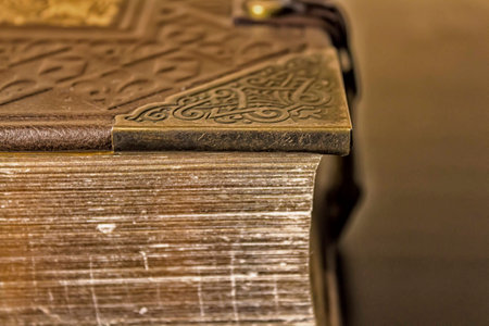 Part of vintage book sheets. Top view,great book,old book,an encyclopedia on the tableの写真素材