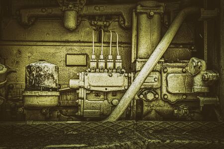 Close up of old tractor engine monochrome pictureの写真素材