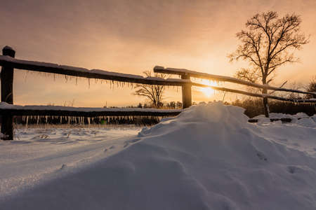 Winter landscape. Winter wood and lake covered with iceの写真素材