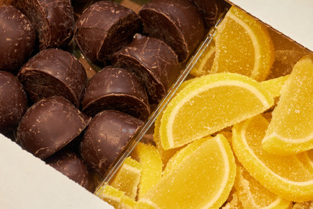 panorama close up a background from colorful sweets of sugar candies and marmalade. assorted candies panoramic viewの写真素材