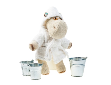 Plush hippo doll in a white coat  with buckets, isolated on white backgroundの写真素材