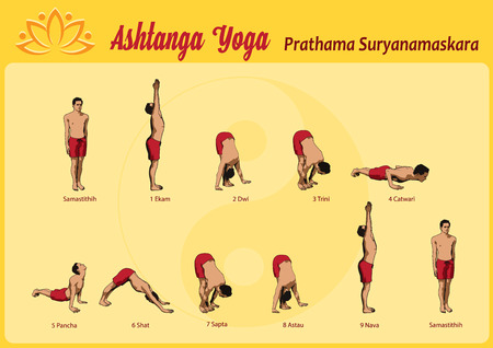 ?ommon sequence of asanas in the practice of Yoga, Surya Namaskar.のイラスト素材