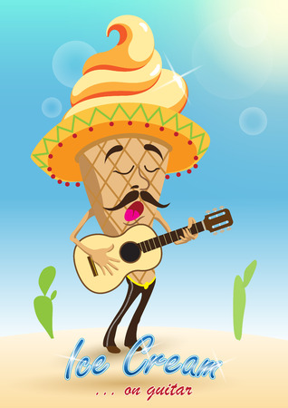 Happy ice cream in the form of a cartoon of a man playing the guitar.のイラスト素材