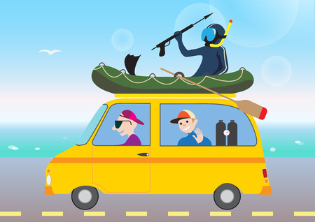 Funny pictures of active summer holiday by car in cartoon styleのイラスト素材