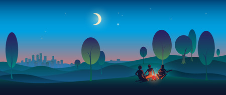 Creative illustration tourists near the night bonfire with a guitarのイラスト素材