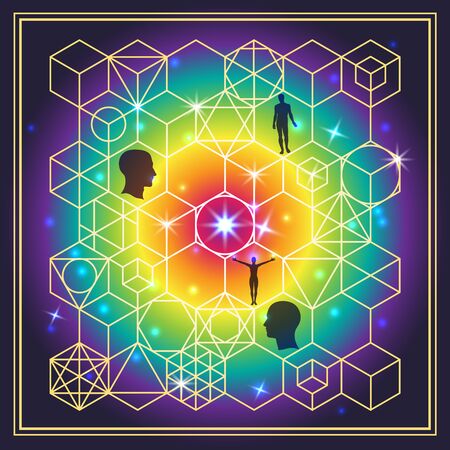 The symbolic image of the sacred geometric shapes with elements of human figuresのイラスト素材