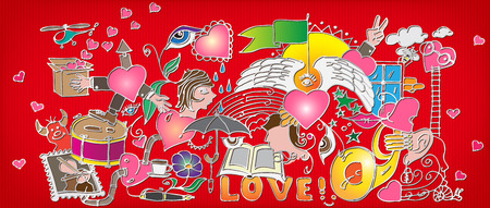 Beautiful celebratory collage with the theme of love, joy and hobbies with a set of different items of our time.のイラスト素材