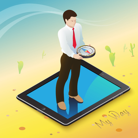 3d isometric mobile web surfer infographics concept.
Conceptual illustration of a businessman on a mobile device with a compass in hand in the middle of the hot desert into an oasis of information.のイラスト素材