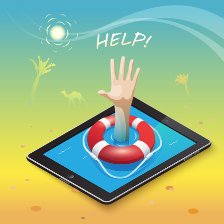 3d isometric mobile web surfer infographics concept.Conceptual illustration of life buoy on a mobile device and a hand gesture for help in the middle of the hot desert into an oasis of information.のイラスト素材