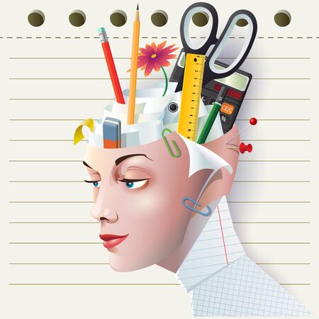 Unique, creative illustration a female head in the form of Office Stationery Organiser Pen Holder. Women's head office as a  icon or avatar on the background the tear sheet from a notebook.のイラスト素材