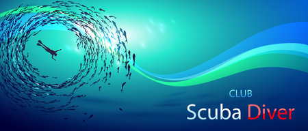 Creative illustration on the theme of diving. Image diver under water is surrounded shoals of fish (bottom view). With inscription: Scuba Diver Clubのイラスト素材