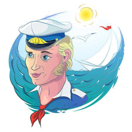Romantic Vector illustration of sea subjects hand draw. Summer sea landscape with a young captain in the Marine uniform. In the background, a sailboat and a seagull flying.のイラスト素材