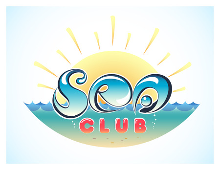Vector creative illustration logo marine theme. The letters in the form of drops on a background marine waves and sky with the sun. Red inscription club.のイラスト素材