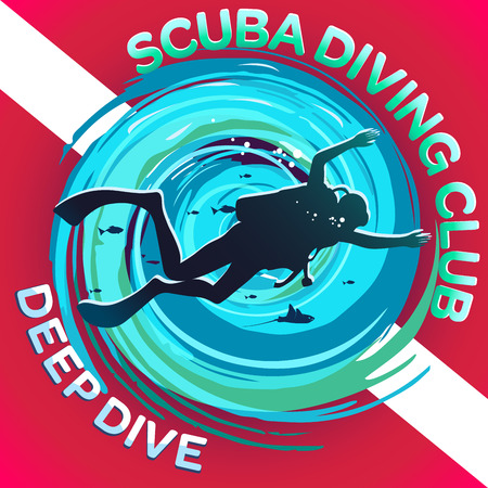 Vector image of a scuba diver on a background of a stylized maelstrom with a flag or a scuba mark diving: a white strip on a red background. Inscriptions: Scuba Diving Club & Deep Diving.のイラスト素材